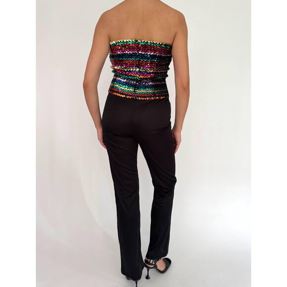 70s vintage black rainbow sequin disco festival strapless tube top pant jumpsuit - Picture 5 of 10